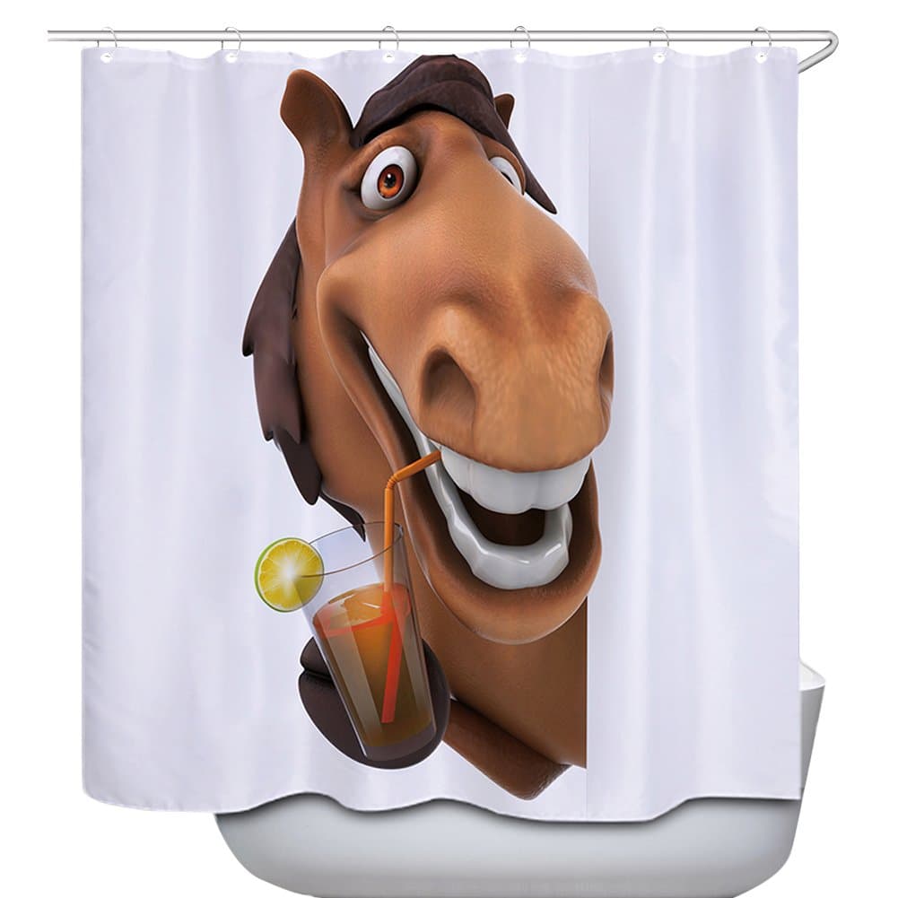 WATATA Cartoon Laughing Horse 3D Digital Print Decor for Kids Bedroom Polyster Waterproof Shower Curtain