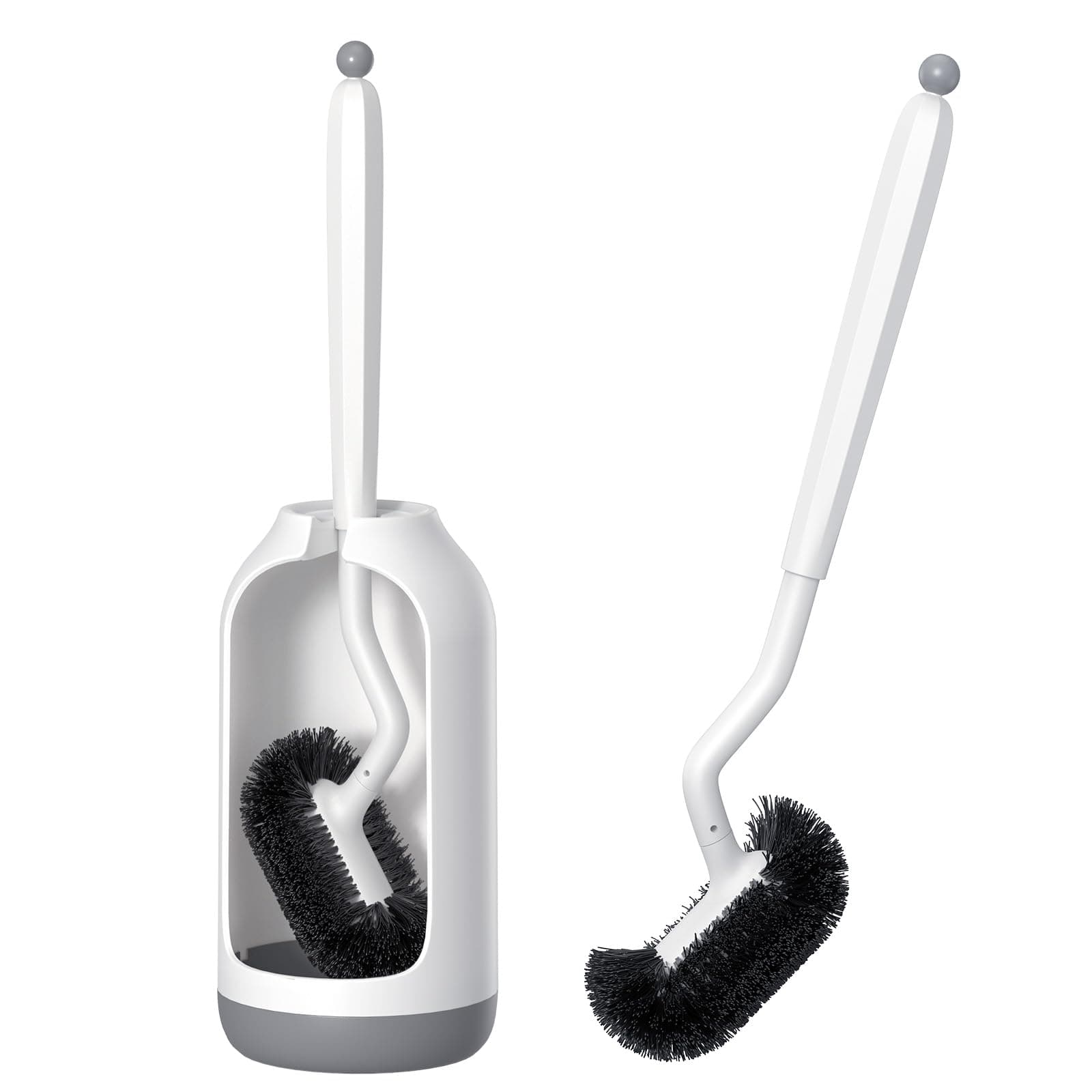 HAMITOR Toilet Bowl Brush Holder Set: Deep Cleaning Brushes with Curved Design - Ergonomic Long Handle for 360° Dead Corner Clean with Replacement Brush - Bathroom Accessories for RV Apartment