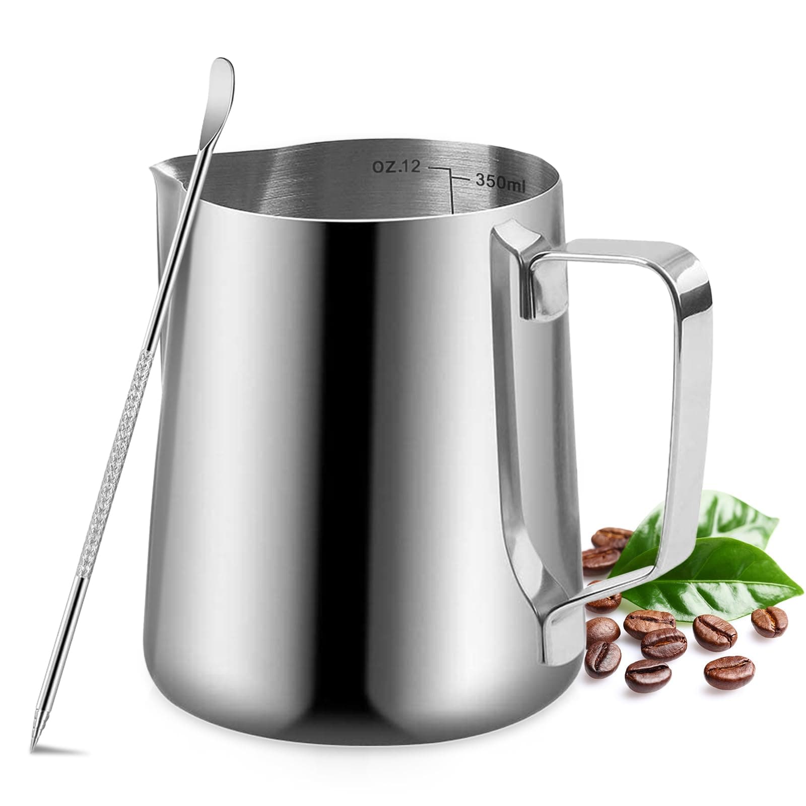 Milk Frothing Pitcher, 350ml/12oz Milk Frother Cup Stainless Steel Jug Steaming Pitcher, Milk Coffee Cappuccino Latte Art Barista Steam Pitchers Milk Jug Cup with Decorating Pen