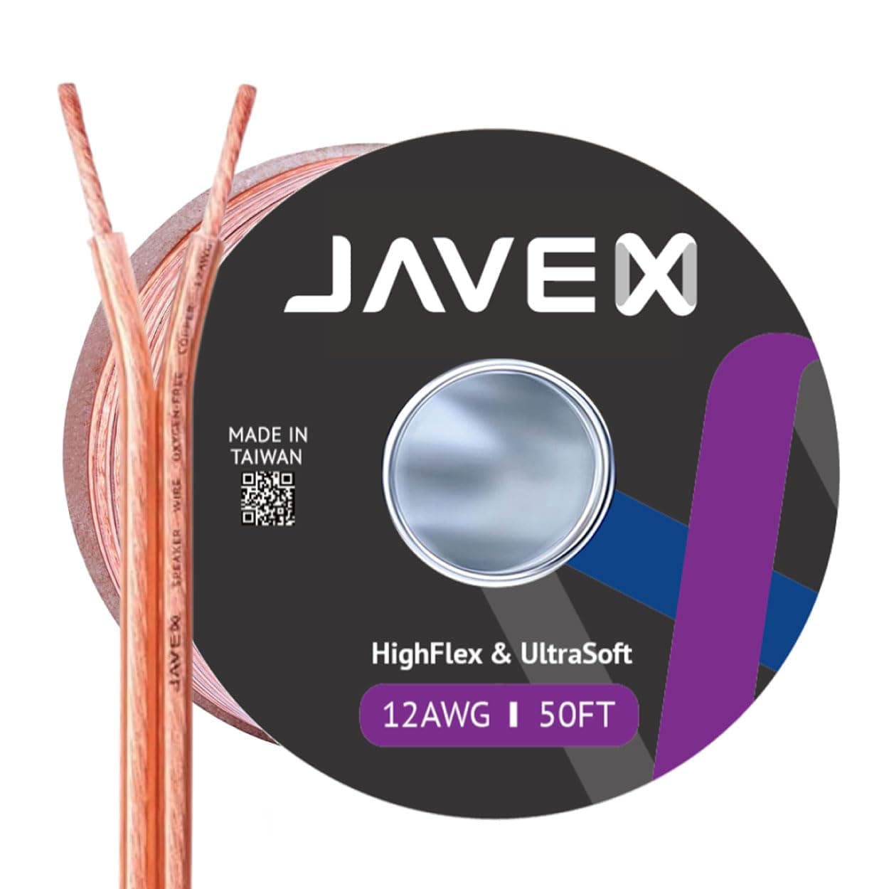 JAVEX 12-Gauge AWG Audio Speaker Wire Cable (50 FT), [Oxygen-Free Copper] Thin Flat Cable for Automotive Car Stereo Audio, HI-FI Stereo, Home Theater, Subwoofer, Soundbar, Blue/Black