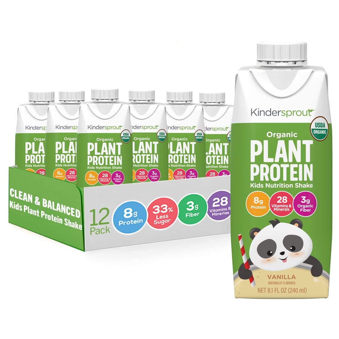 KinderSprout Protein Shake | Organic & Plant Based, Great for Kids | On-the-go and Lunchbox Safe | 28 Vitamins, 8g Plant Protein, 3g Fiber | Doctor Formulated | Vanilla, 12-pack