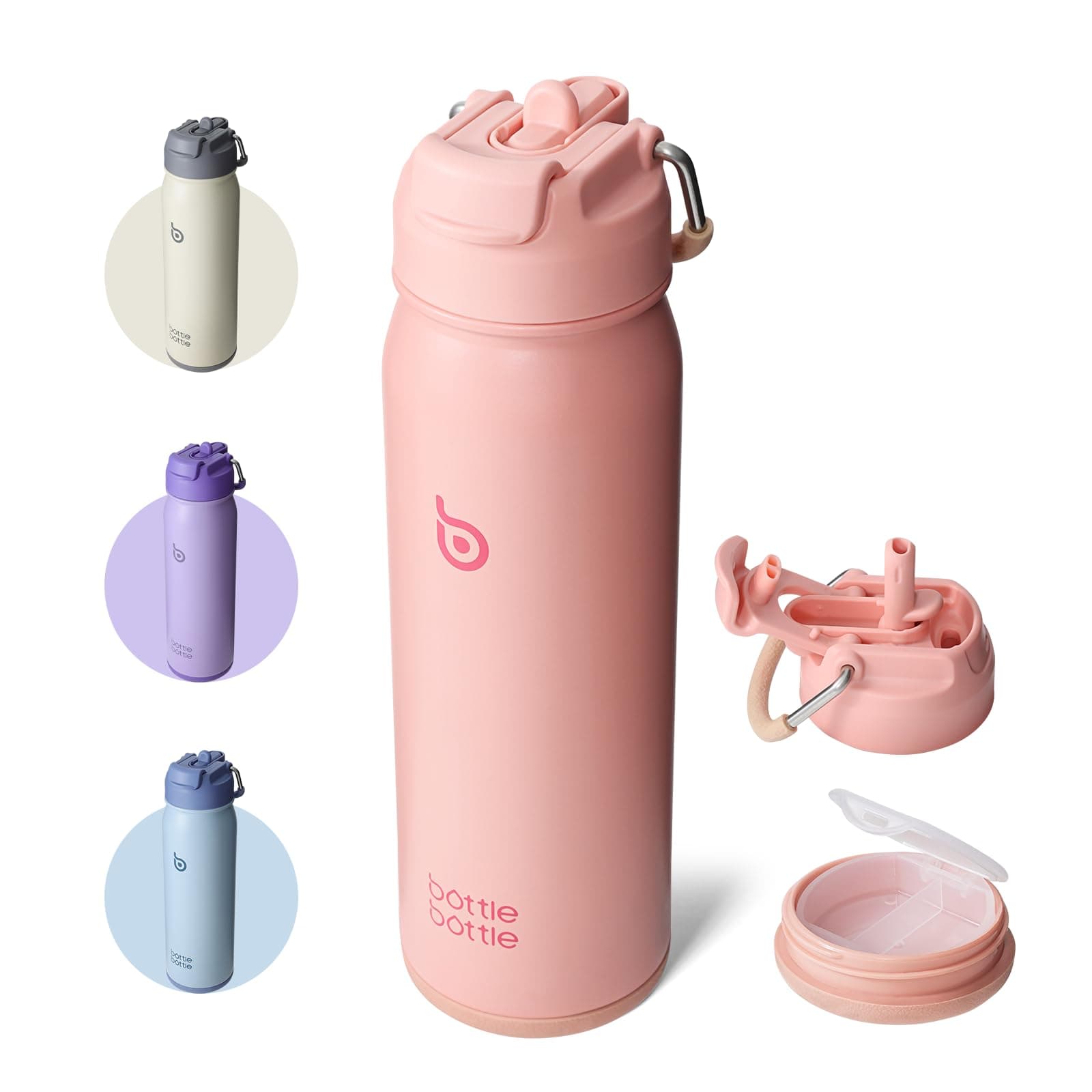 – Insulated Water Bottle Stainless Steel 700ml（24oz） Bike Water Bottles with Straw and Adjustable Lid Daily Drink Flask Pill Organizer (salmon)