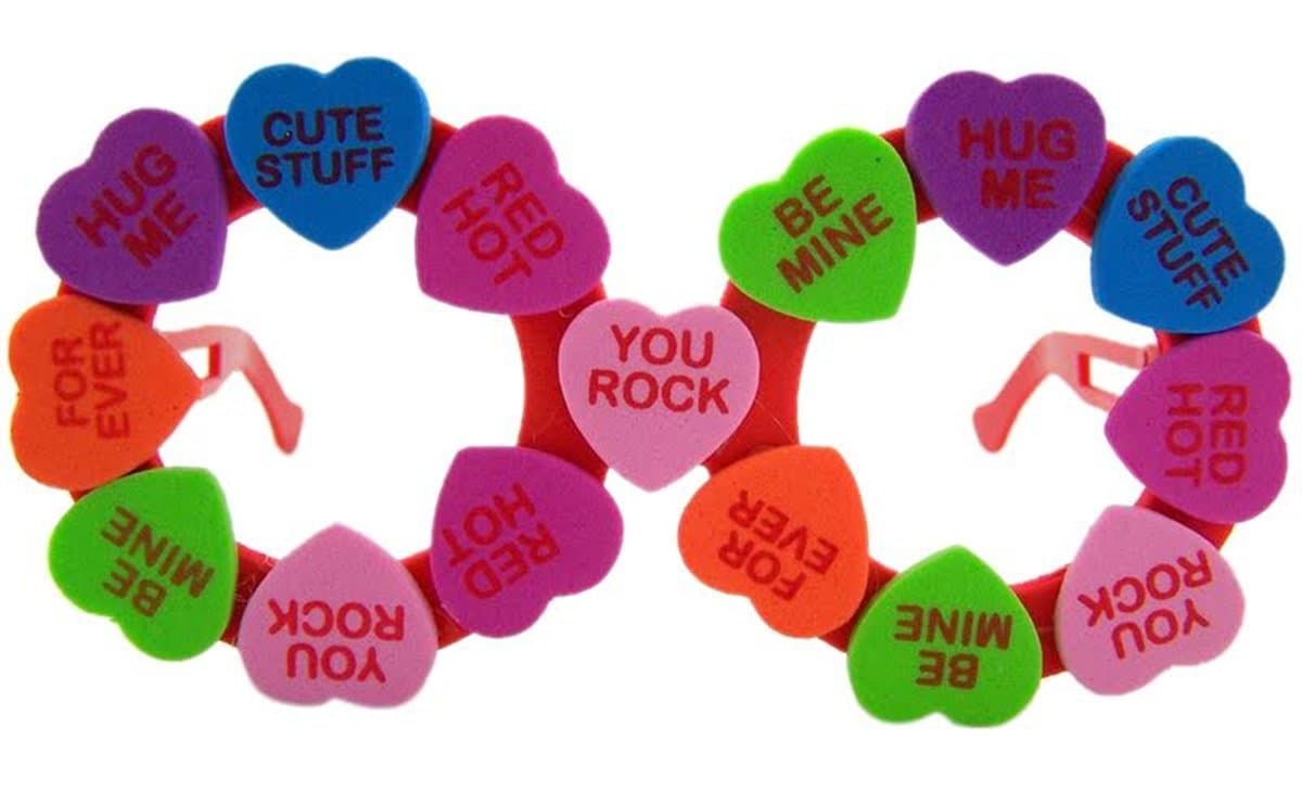 Valentine’s Day Novelty Eye Glasses with Multi Colored Foam Conversation Hearts, One Size