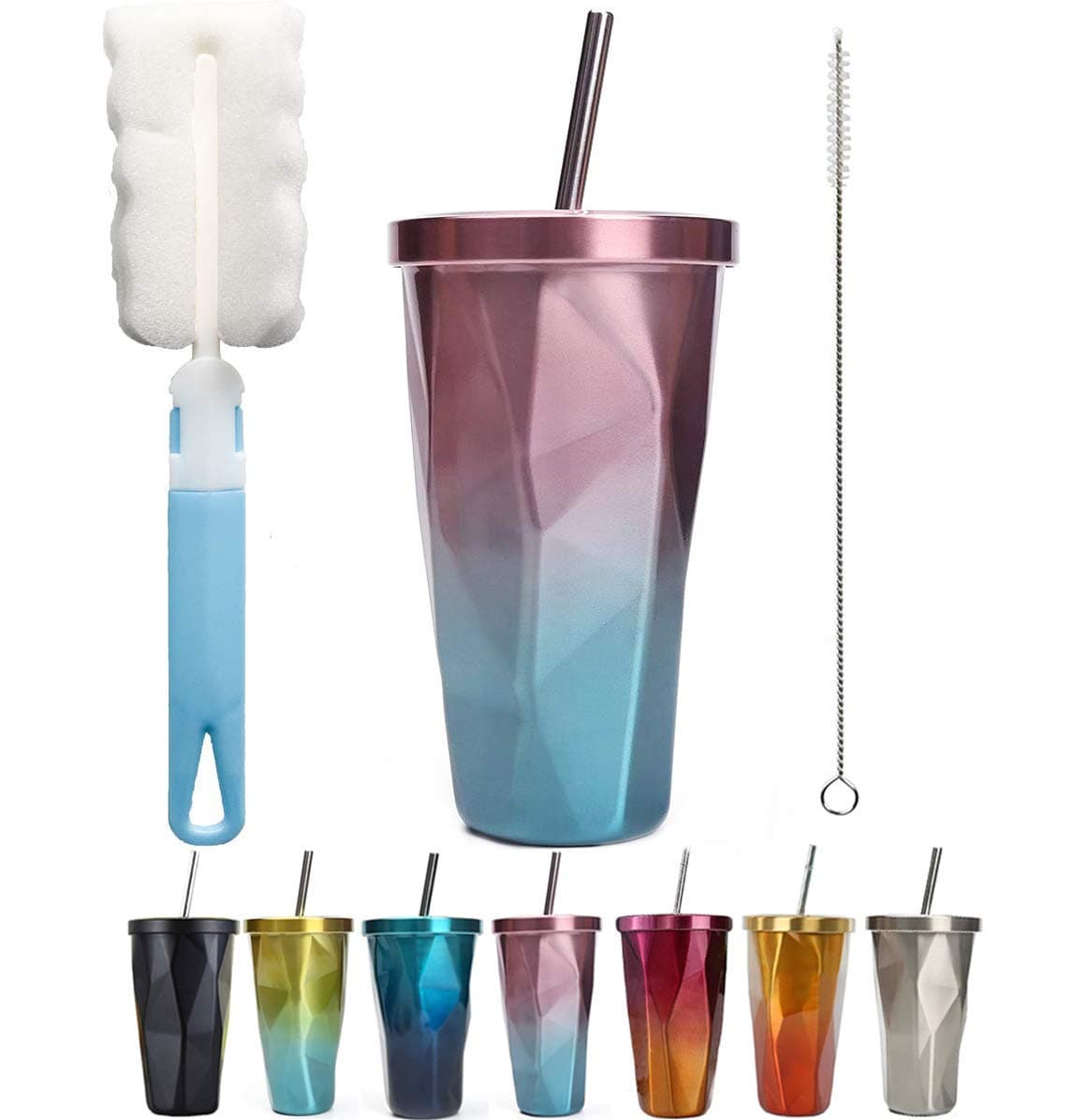 Travel Mug with Straw Insulated Stainless Steel Tumbler All Seasons Available Coffee Cup Office Mug Cold Cup Drinking Cups Water Bottle Pink&Blue 16oz/480ML