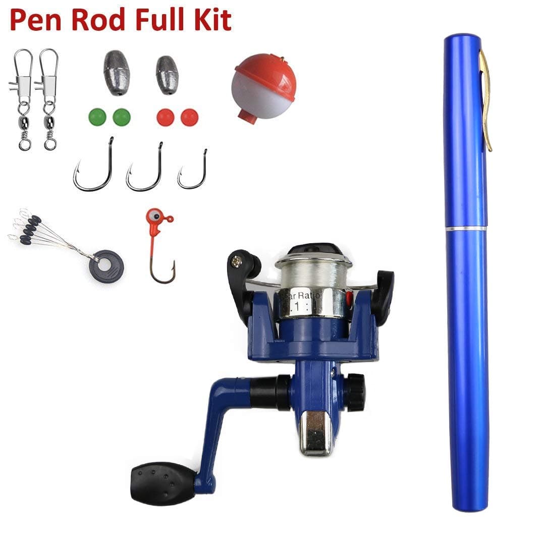 Pen Fishing Rods Mini Telescopic Kids Fishing Pole Survival Tool Spinning Reel with Hooks Lures etc (Blue)