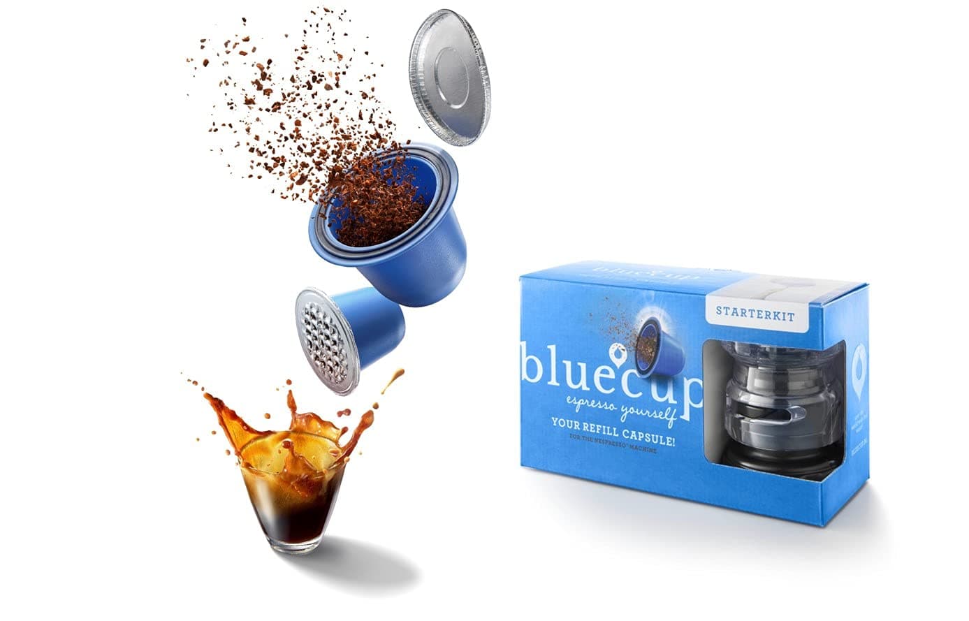 Refillable Pods compatible with Nespresso (Original line) Starterkit [2 reusable capsules + 100 lids + 1 pod sealer + 1 spoon]