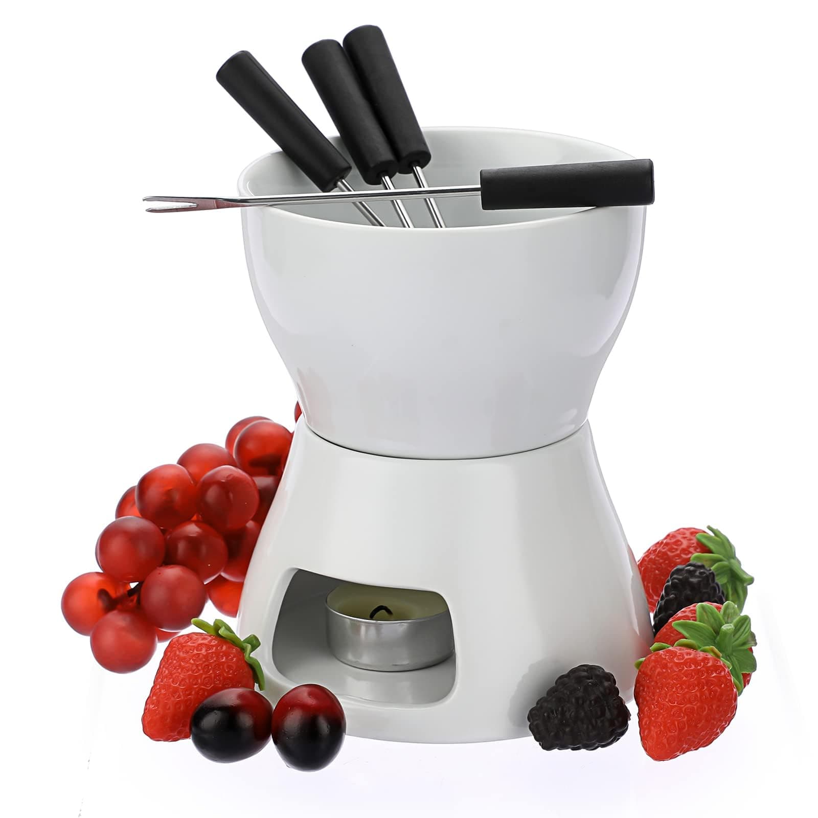 SYOSI Chocolate Fondue Pot, Ceramic Chocolate Melting Pot, Candle Heating Chocolate Fondue Set with 4 Forks Diwali for Chocolate/Cheese/Butter/Candy, Ceramic Chocolate Melter, DIY Kitchen Tools