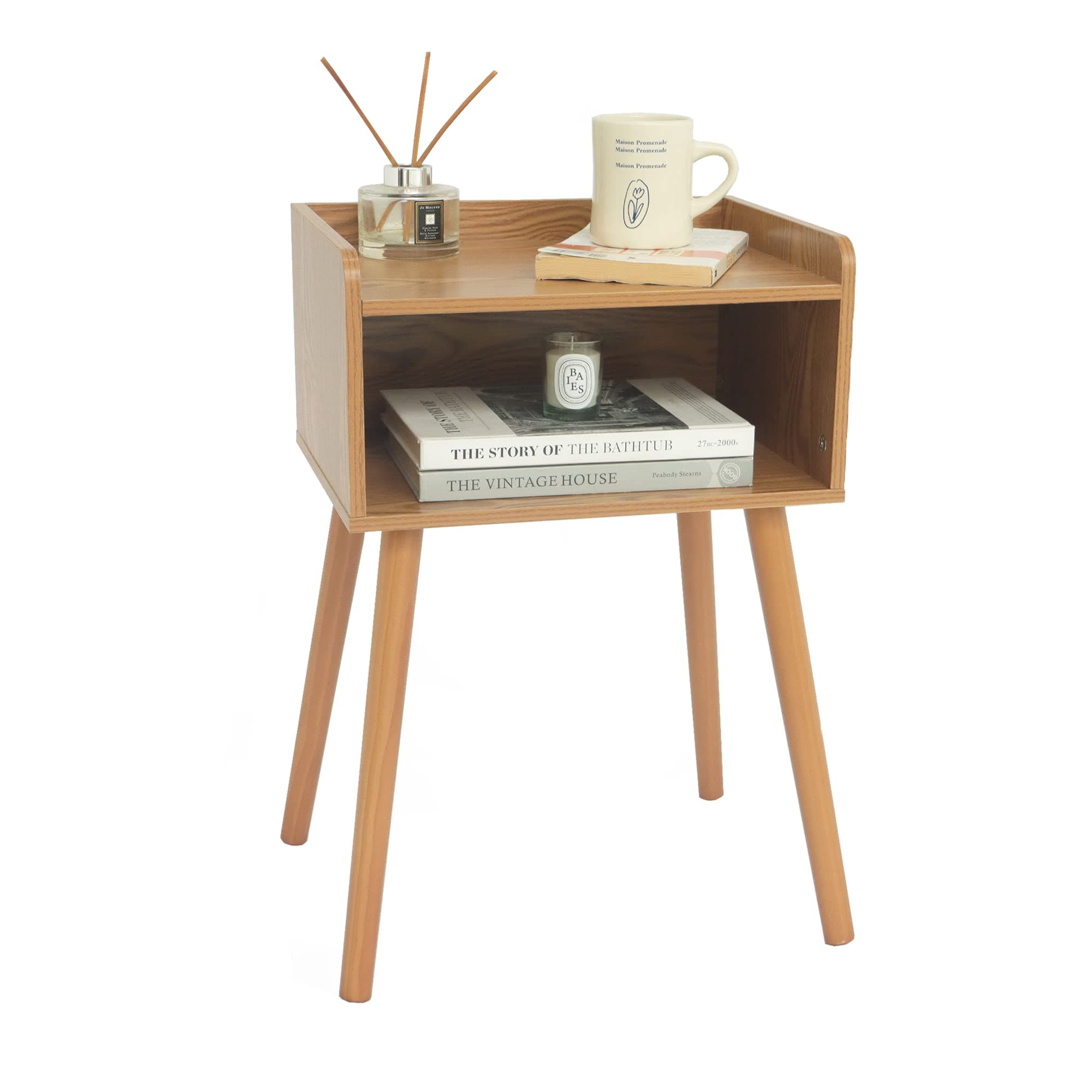 MaxSmeo Bedside Table, Mid Century Modern Side Table Bedroom with Storage Space, Small End Bedside Table with Solid Wood Legs for Living Room, Office, Small Spaces (Brown)