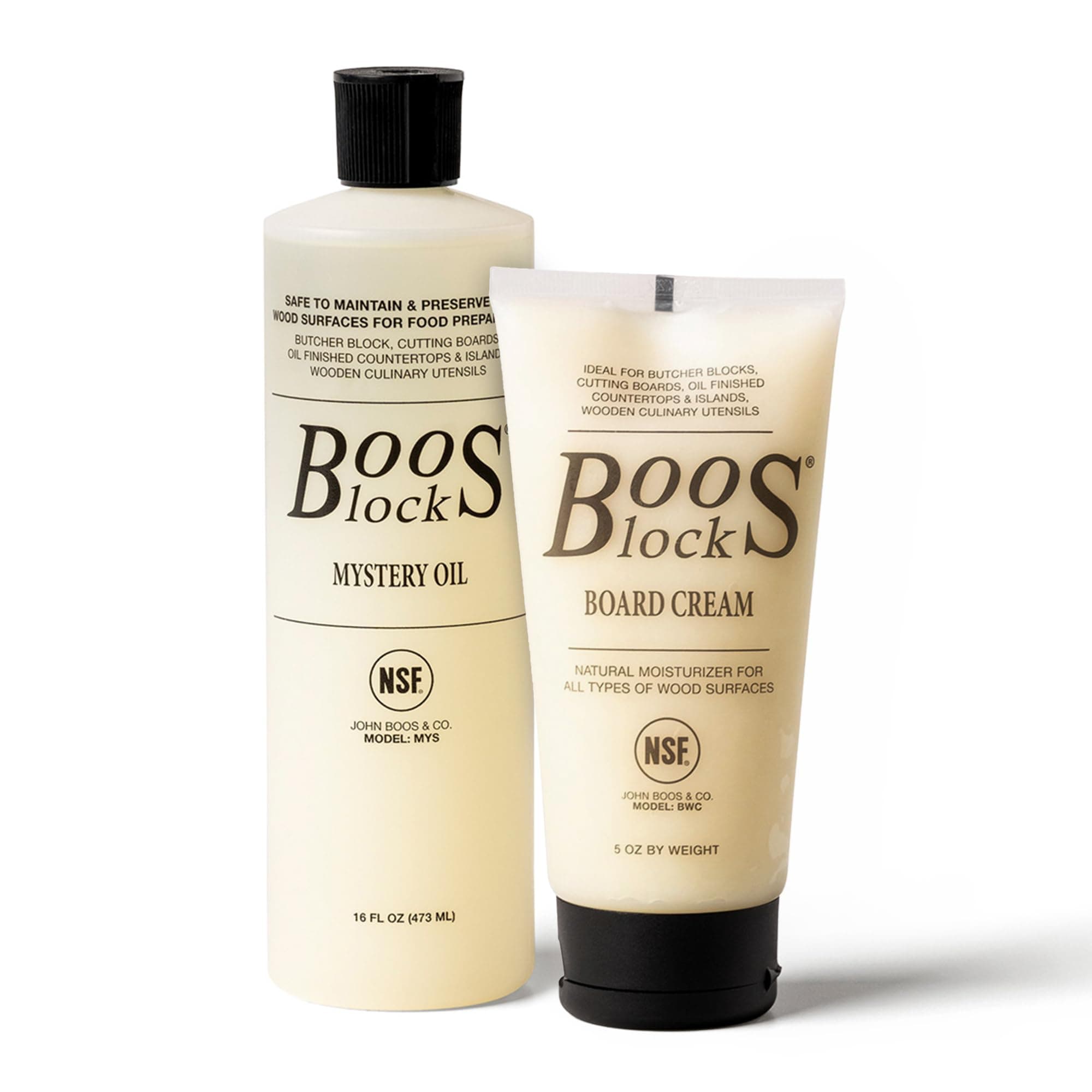 John Boos 2-Piece All-Natural Care & Maintenance Set – 16 oz Mystery Oil & 5 oz Board Cream for Butcher Blocks, Cutting Boards, Wood Countertops, and Wooden Utensils