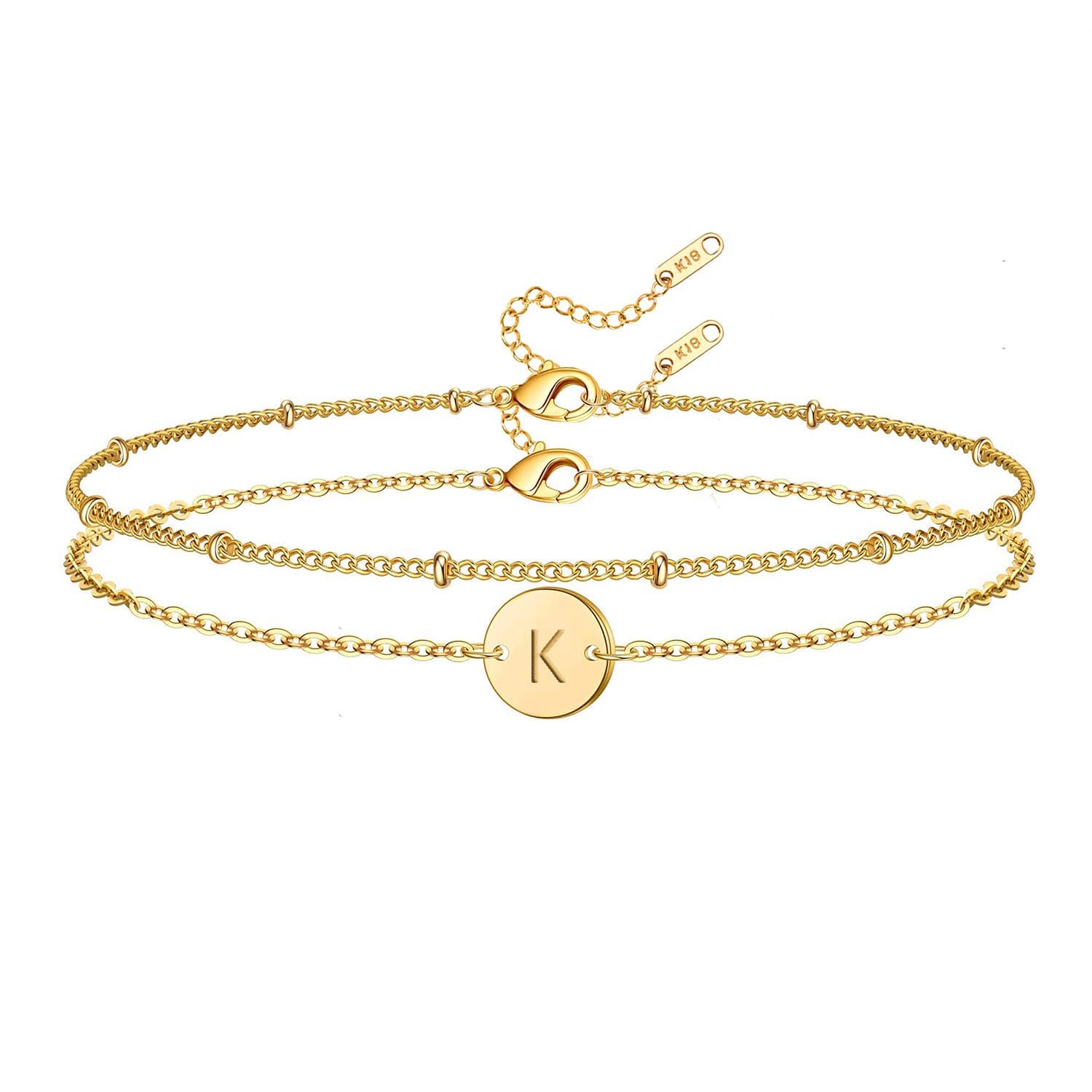 Initial Bracelet for Women, 18K Gold Plated Stainless Steel Layered Coin Letter Bracelet Beaded Chain Personalized Name Bracelet