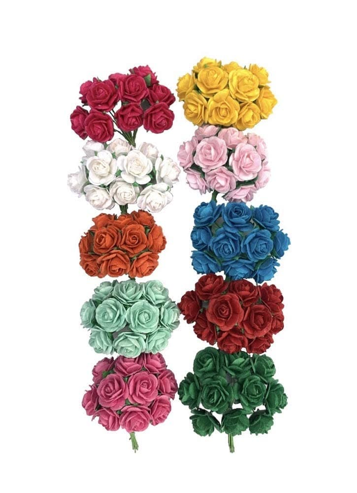 WADSUWAN SHOP 100 Pcs Artificial Mulberry Paper Rose Flower Wedding Scrapbook 1.8cm DIY Craft Scrapbook Scrapbooking Bouquet Craft Stem Mini Roses (10 Colors)