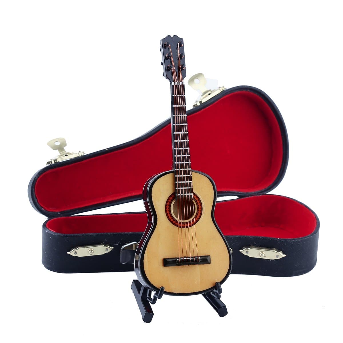 Wooden Miniature Guitar with Stand and Case Mini Musical Instrument Guitar Replica Collectible Figurines Dollhouse Accessories Model Home Decoration Display Ornament (5.91"x2.17"x0.74")