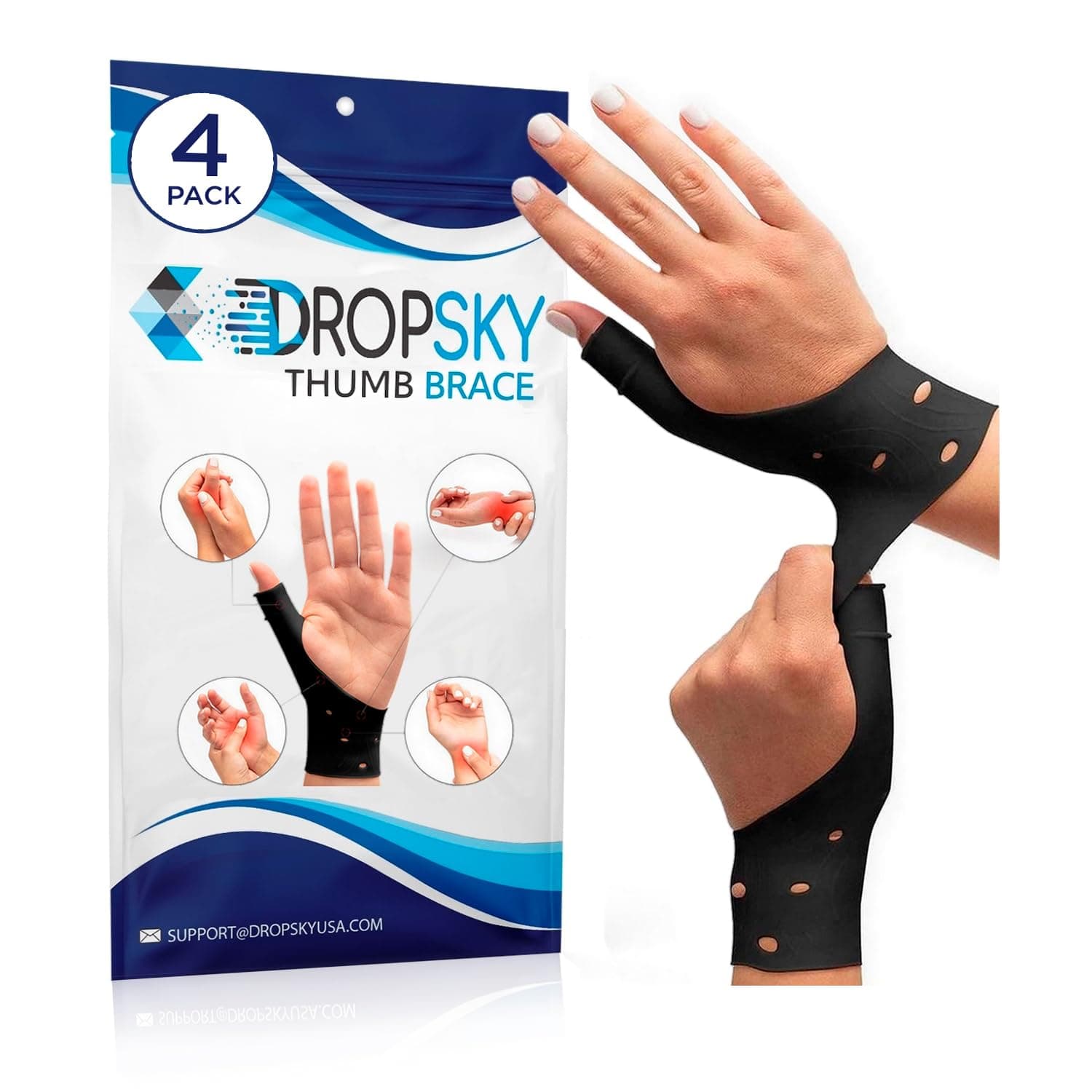 Thumb Brace 4 Pack – Waterproof Thumb Splint with Gel Pad for Carpal Tunnel, Arthritis & Trigger Finger Relief – Adjustable Compression Wrist Stabilizer for Left & Right Hand - Black