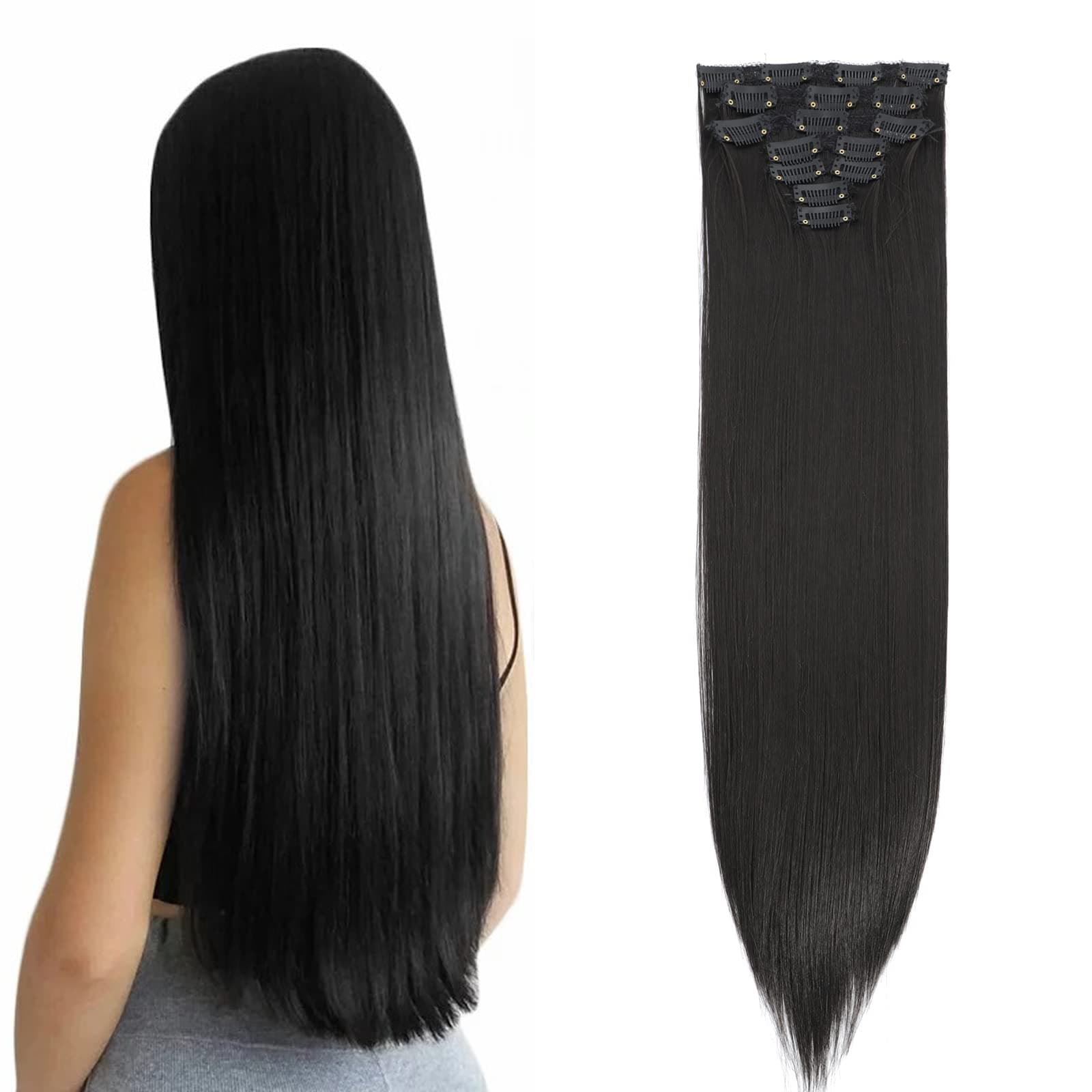Straight Clip In Hair Extensions 24 Inches for Black Women, 7 Pieces/Set Hairpieces Heat Resistant Synthetic Fiber Double Weft Hair Extensions Natural Black Color