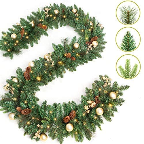 9 Foot by 12 Inch Christmas Garland with 50 Clear Lights, 340 Branch Tips, Three Different Types of Green Leaves, Pinecones, Gold Berries and Gold Ball by LIFEFAIR