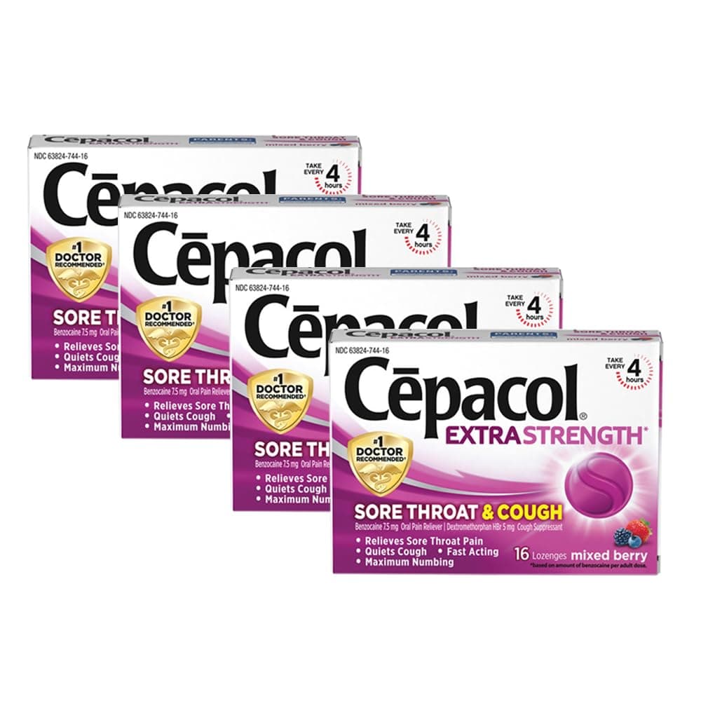 Cepacol Extra Strength Sore Throat & Cough Relief Lozenges, 16 Count, Mixed Berry Flavor, Maximum Numbing, Fast Acting Relieves Sore Throat Pain, and Quiets Cough (Pack of 4)
