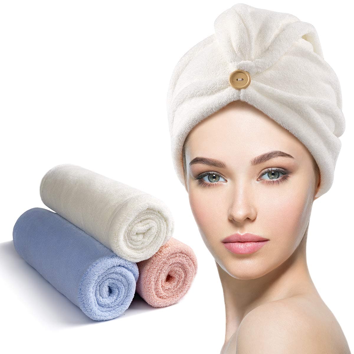 YFONG 3 Pack Microfiber Hair Towel Wrap for Women Girls, Super Absorbent Turban Towels for Drying Wet Hair, Anti Frizz Head Towels for Curly All Hair Style, Turbie Twist (Blue, Pink, White)