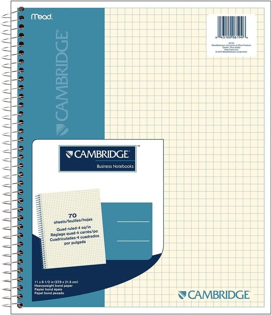 Business Notebook, Quad Ruled Paper, 8-1/2" x 11", 70 Sheets, Wirebound, Ivory Paper (06194)