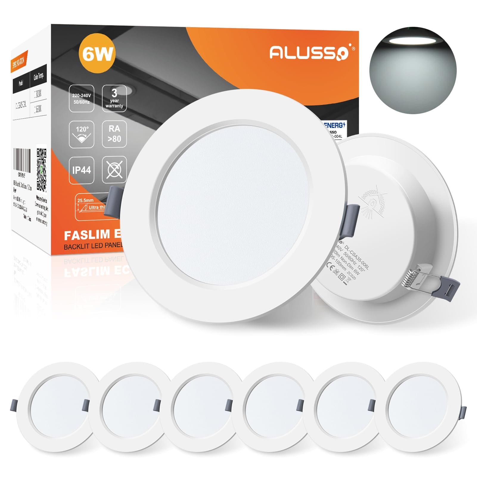 ALUSSO LED Downlights for Ceiling 6W Ultra Slim LED Recessed Ceiling Spot Lights 6500K Cool White IP44 Waterproof Spotlights Ceiling Lights for Bathroom Kitchen Living Room, 6 Pack