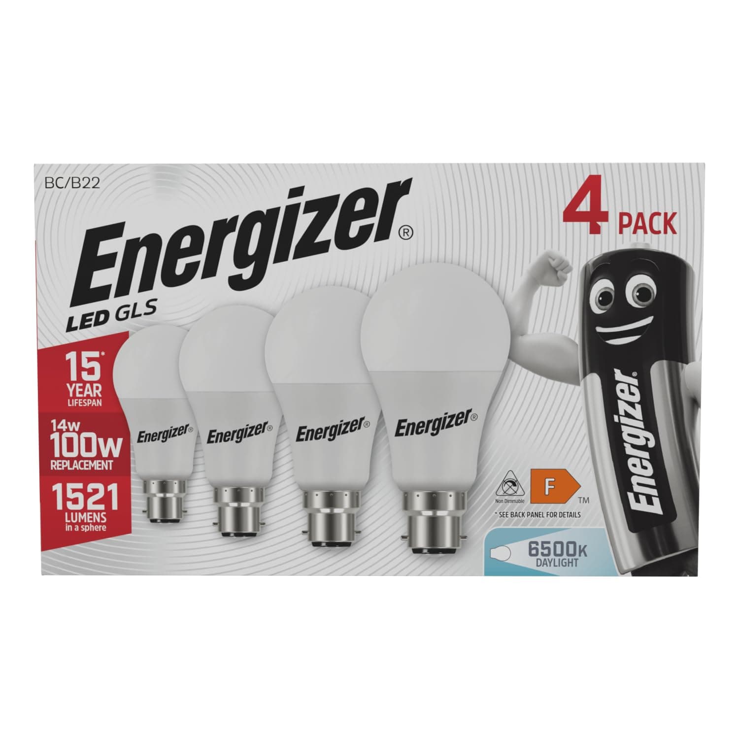 Energizer Bayonet Bulb Equivalent to 100W - 6500K / Daylight BC / LED B22 Bulb - Pack of 4 - Very Bright 1521lm