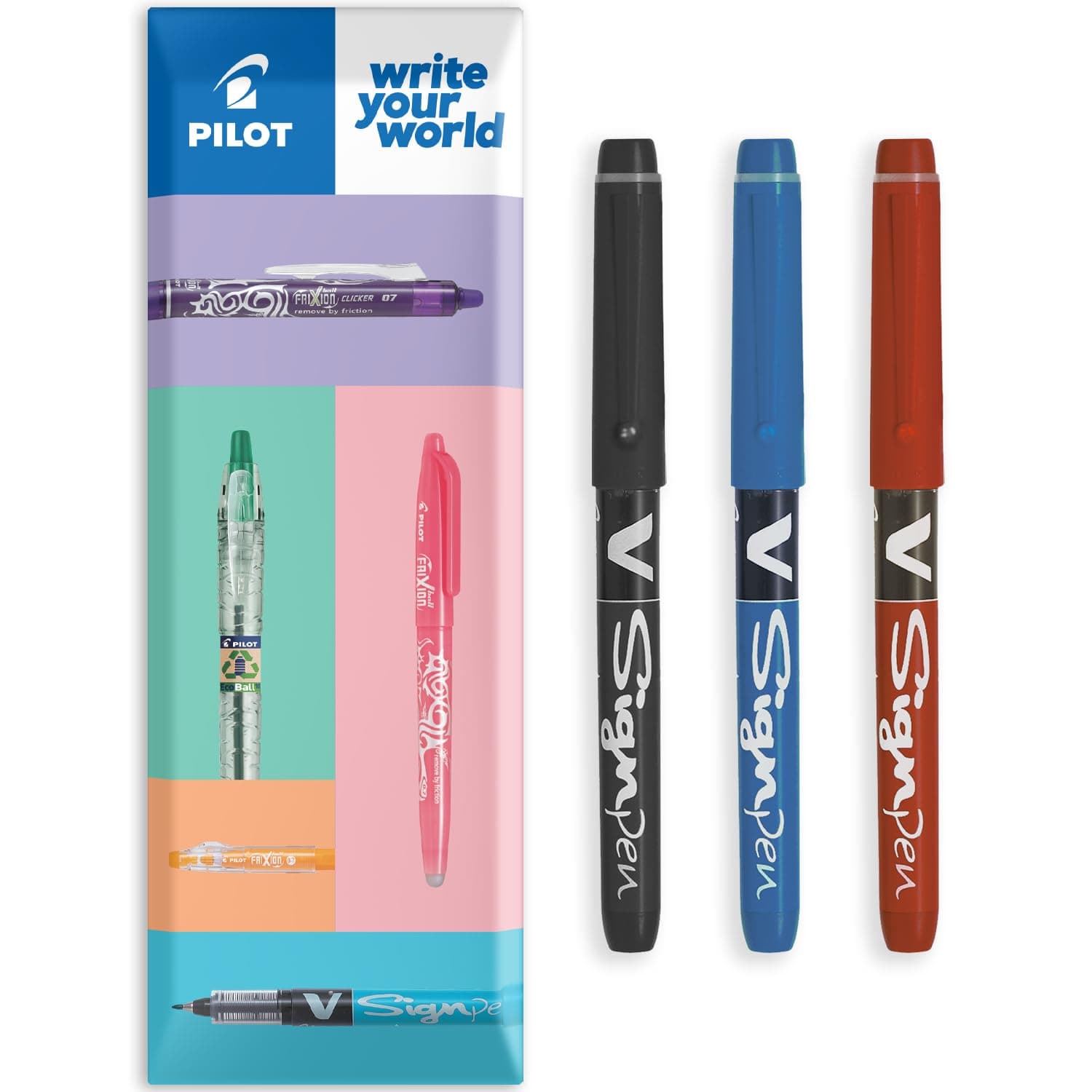 PILOT V Sign Pen - Fineliner Marker Pens - 2.0mm Nib Tip - 0.6mm Line Width - Essential Pack in Envelope Gift Packaging - Black, Blue & Red (3)