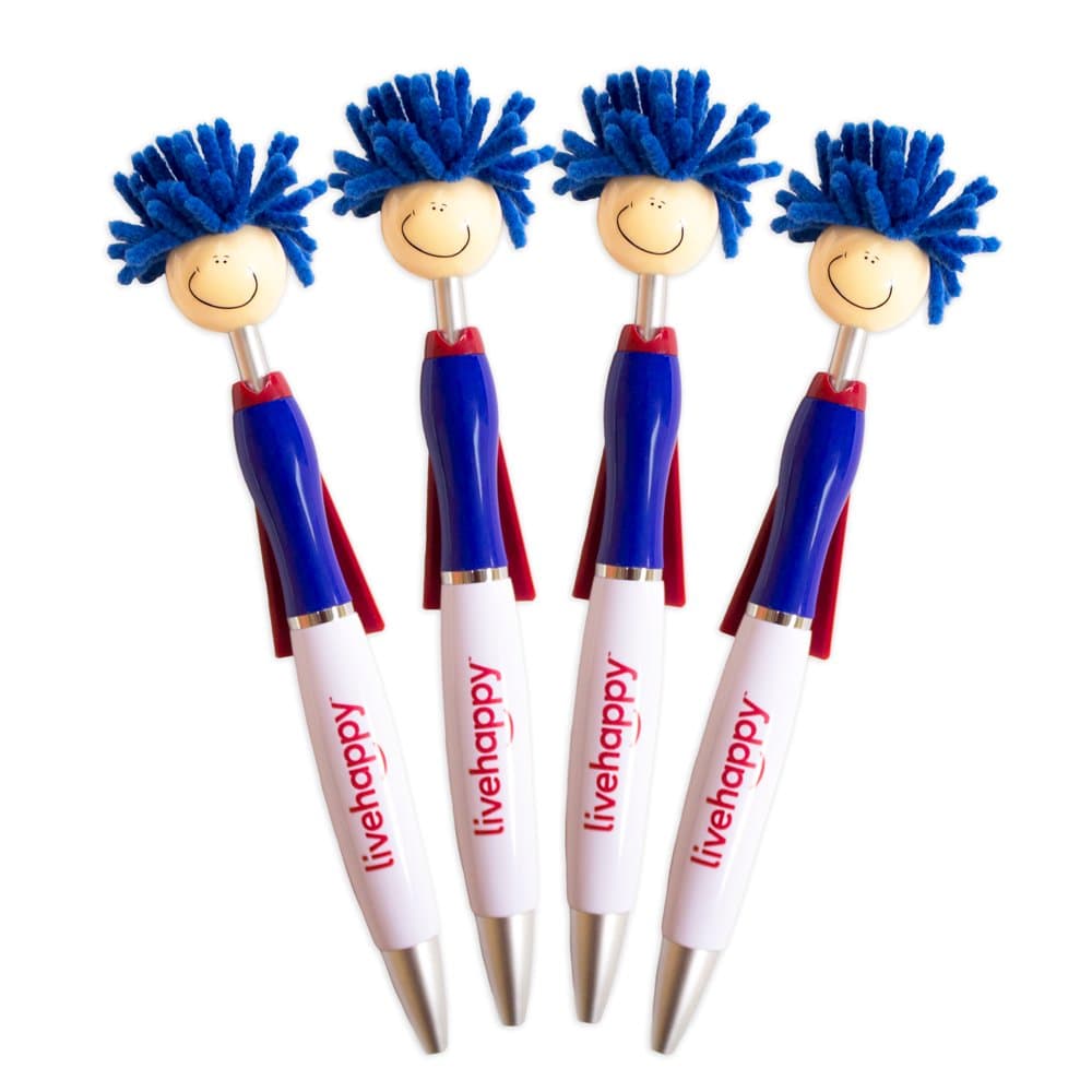 Live Happy Mop Topper Screen Cleaner Pens - Fun Pens For Kids and Adults (4-Pack of Pens with Black Ink) (Superhero Red, White and Blue)