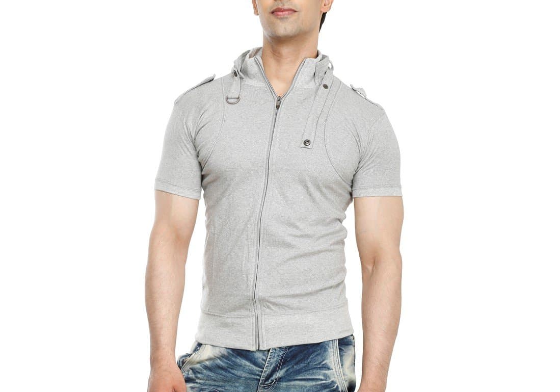 tees collection Men's Full Zip Dragon Neck T-Shirt (Grey_TCBC004)