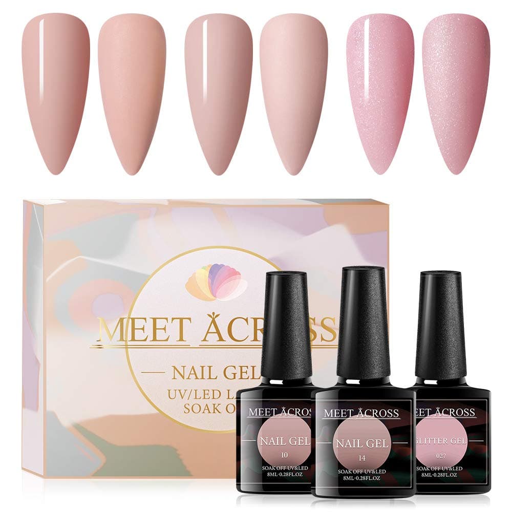 MEET ACROSS Gel Nail Polish Set 3 Colors Gel Polish Kit Soak Off UV Led Lamp Nail Polish Gel Base Top Coat Needed With Gifts Box For Nail Art Salon Design Manicure Starter Set (Pink)