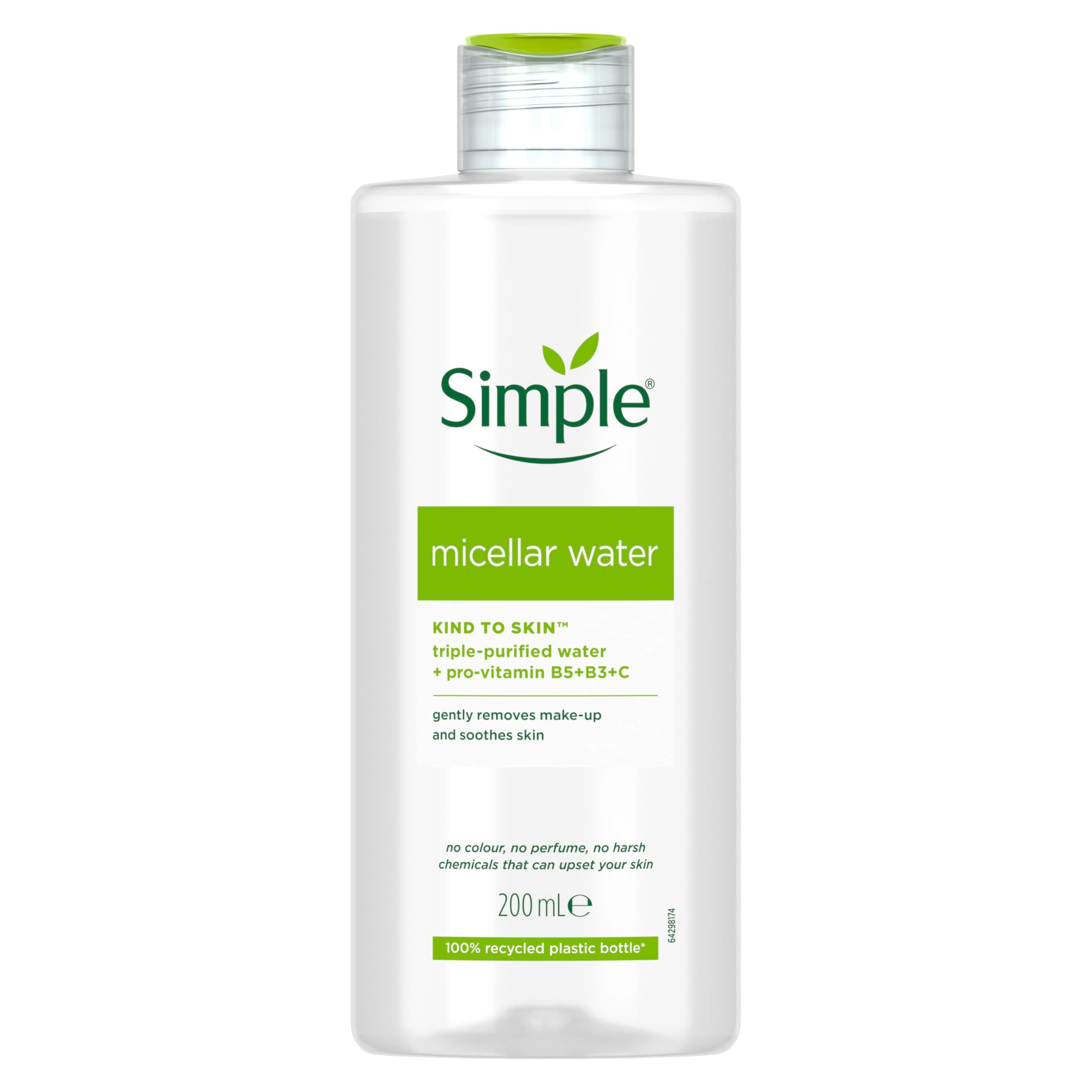 Simple Kind to Skin Cleansing Water Micellar 90% hydration boost facial cleanser and makeup remover, 200ml