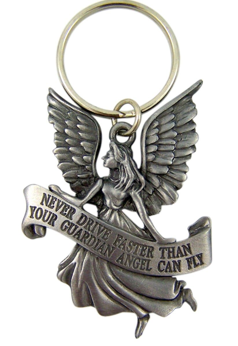 Fine Pewter Never Drive Faster than Your Guardian Angel Can Fly Key Chain, 2 1/4 Inch