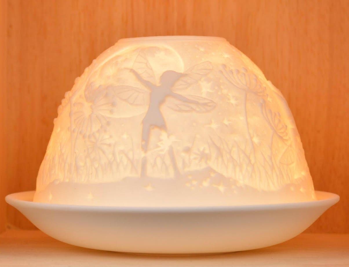 Fairy Porcelain Tealight Holder Dome | Candle Holder Projecting 3D Image Use With Scented Candle, LED Light | Living Room Decor Lights | Shade & Plate Set with Gift Box