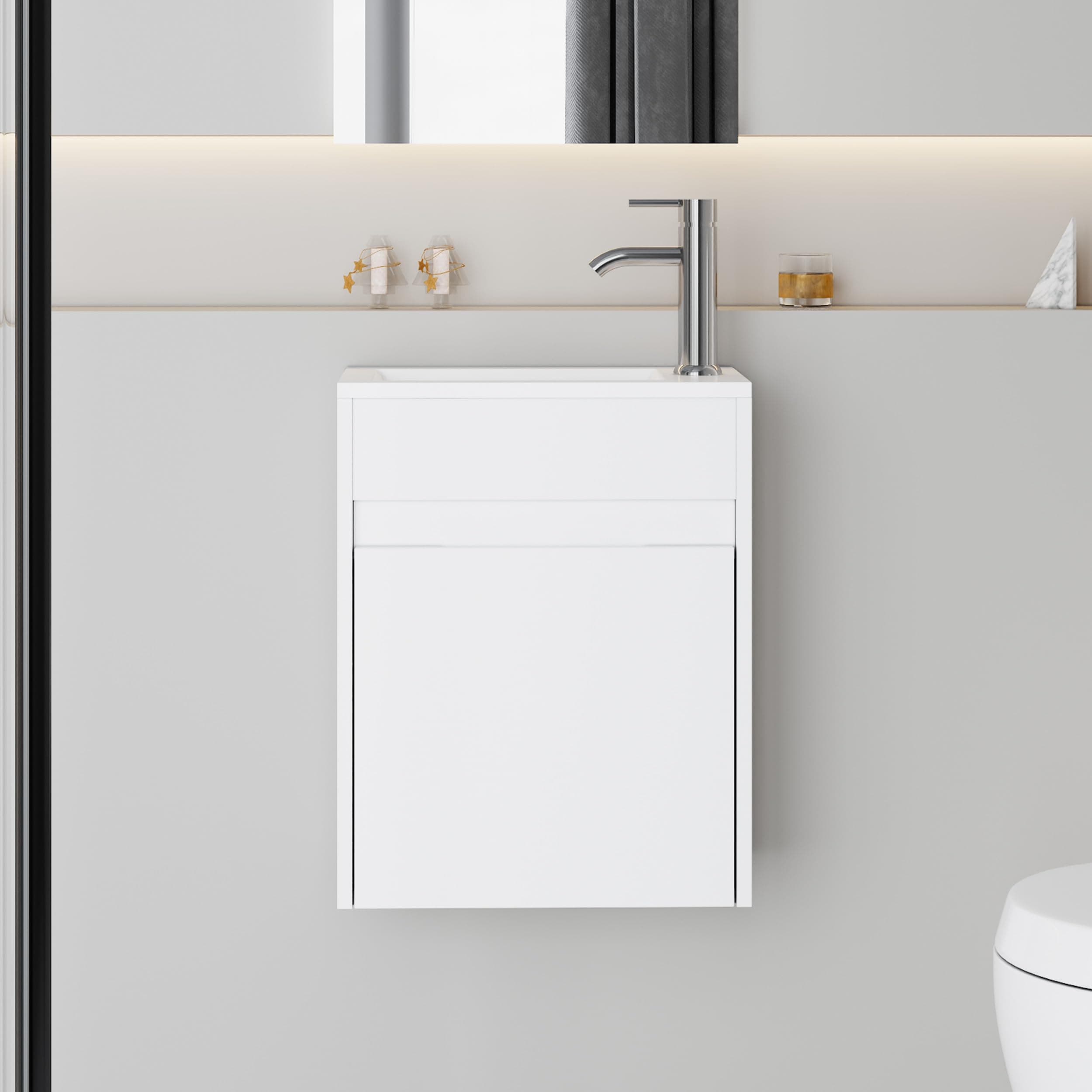 16" Small Bathroom Vanity Sink Combo, Modern Painted Wall Mounted Floating Cabinet W/Resin Basin Sink Top, Chrome Water Save Faucet & Pop Up Drain (White)