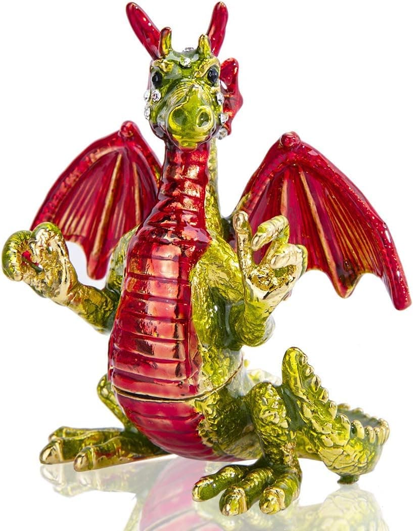 YU FENG 3inch Cute Red Pterosaur Trinket Boxes Hinged Crystal Jeweled Dinosaur Animal Figurines Jewelry Display Ring Holder Box Christmas Gift