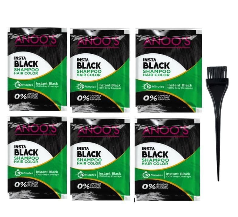 Anoos Insta Black Shampoo Hair Colour 20 Ml Pack of 6 With Brush No parabens No Ammonia No Silicone thus providing black and lustrous hair. It can be applied to head, beard, and moustache.