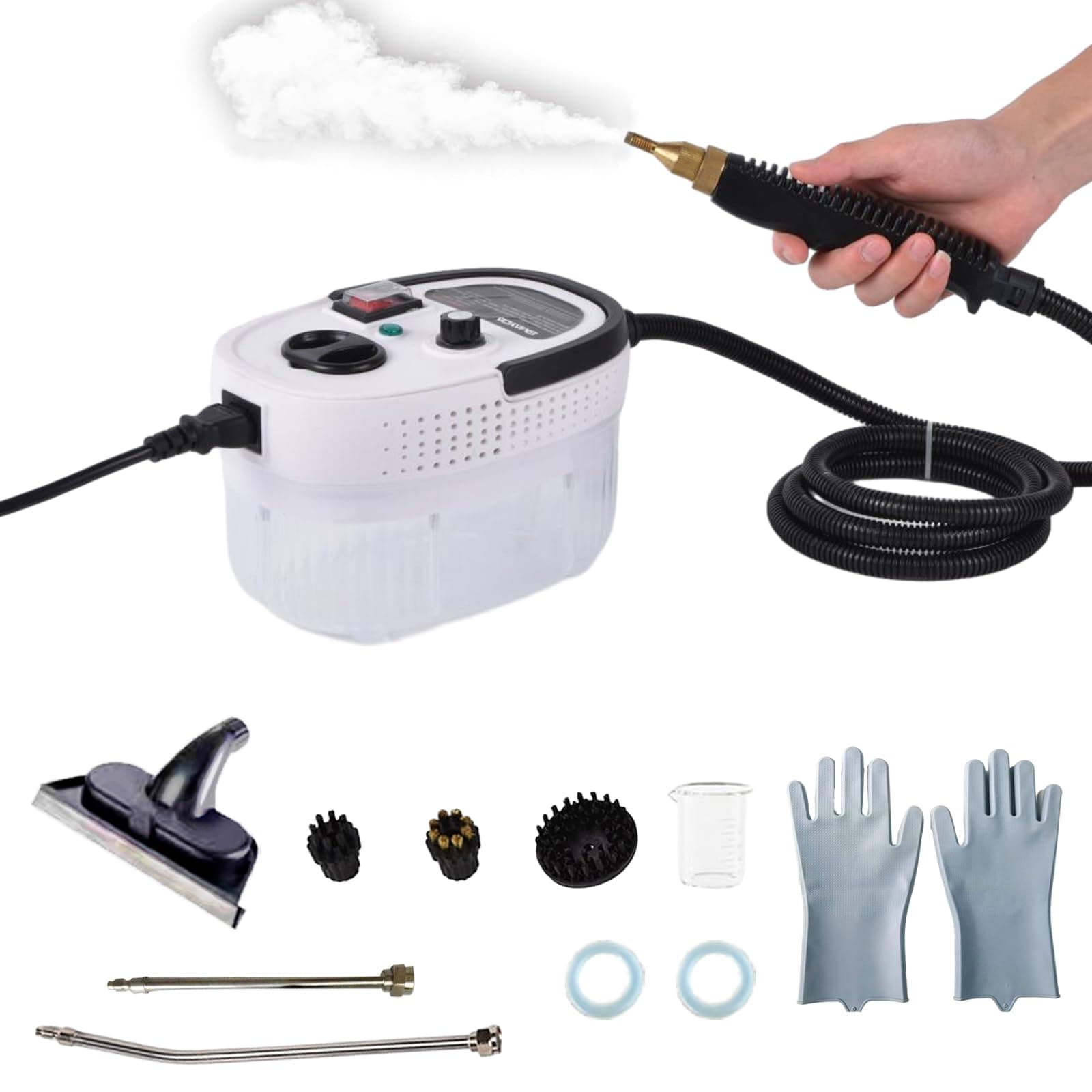 Handheld Steam Cleaner, 2500W High Pressure Steamer for Cleaning, 6 Speeds Portable Steam Cleaner Machine with 3 Brush Heads & Window Squeegee for Kitchen Furniture Bathroom Car (White)