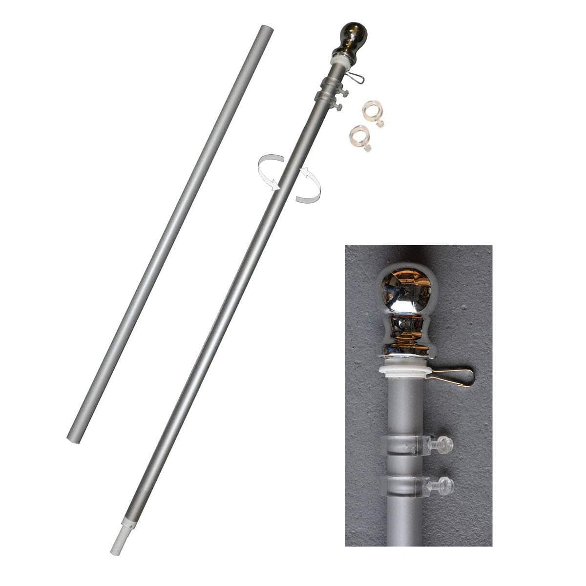 Sports Flags Pennants Company Aluminum 6' Foot Spinning Silver Flagpole for Grommet or House Flag