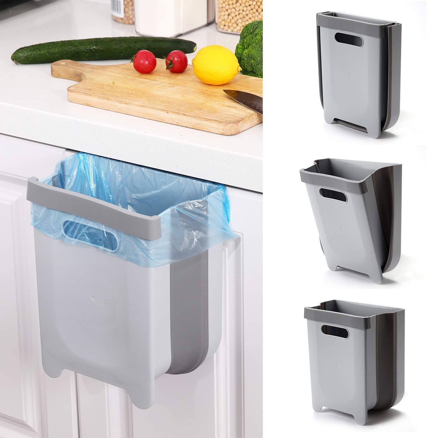 Hanging Collapsible Trash Can - 9L Wall Mounted Foldable Waste Bin for Kitchen Cabinet Door - Quickly Clean Counter, Sink, Bathroom - RV, Car, Camping Folding Garbage Basket (Gray)