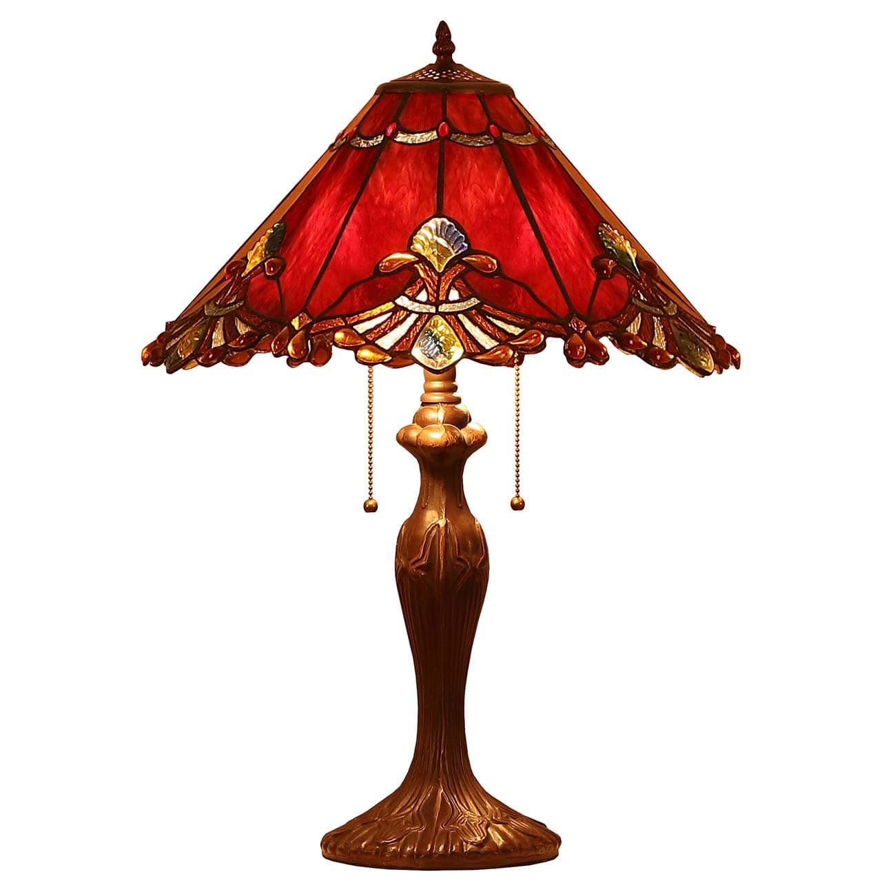 Bieye L10024 Baroque Tiffany Style Stained Glass Table Lamp with 17 inches Wide Handmade Lampshade for Bedside Bedroom Living Room, 26-inch Tall (Red)