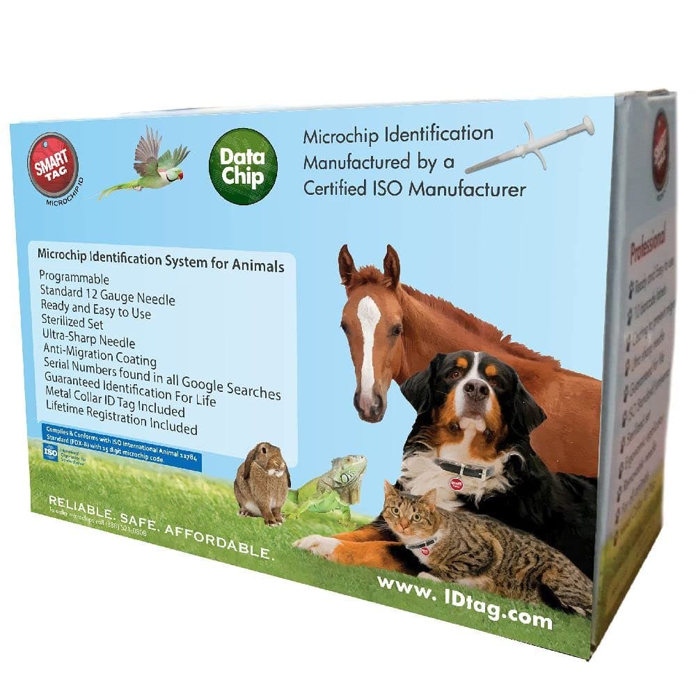 ISO Data Microchip with Lifetime Pet Recovery Service/24-7 US Call Center/Free Registration, Implanter & Metal ID Tag for Dogs, Cats, Horses & All Animals, 12 Gauge/25 Pack