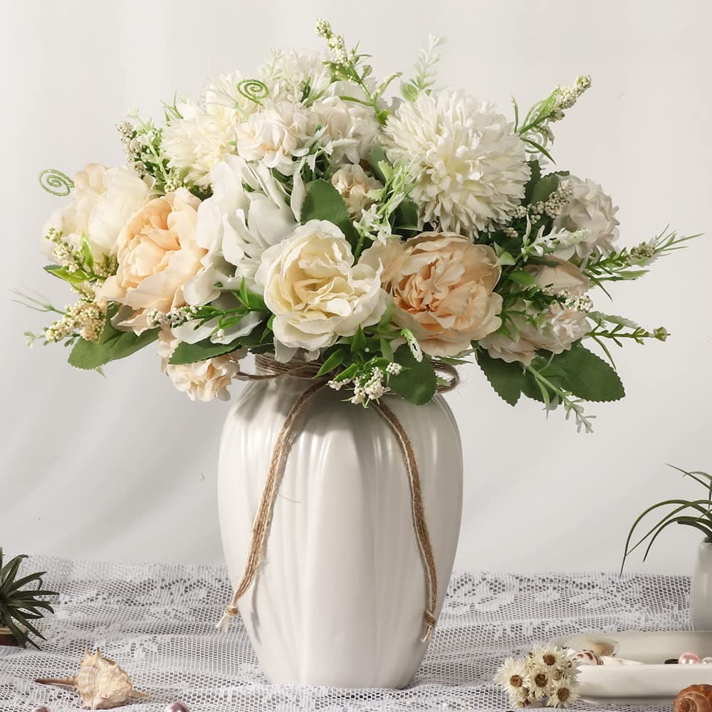 Peonies Artificial Flowers in Vase, Fake Hydrangea Silk Peony Flower Bouquet with Vase Faux Flowers Arrangement Decor Home Table Dining Room (White)