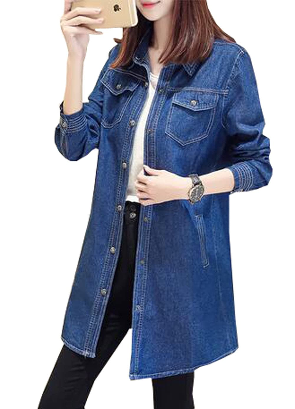 MYtodo Women's Casual Denim Jacket Long Sleeves Solid Color Blouse Cardigan