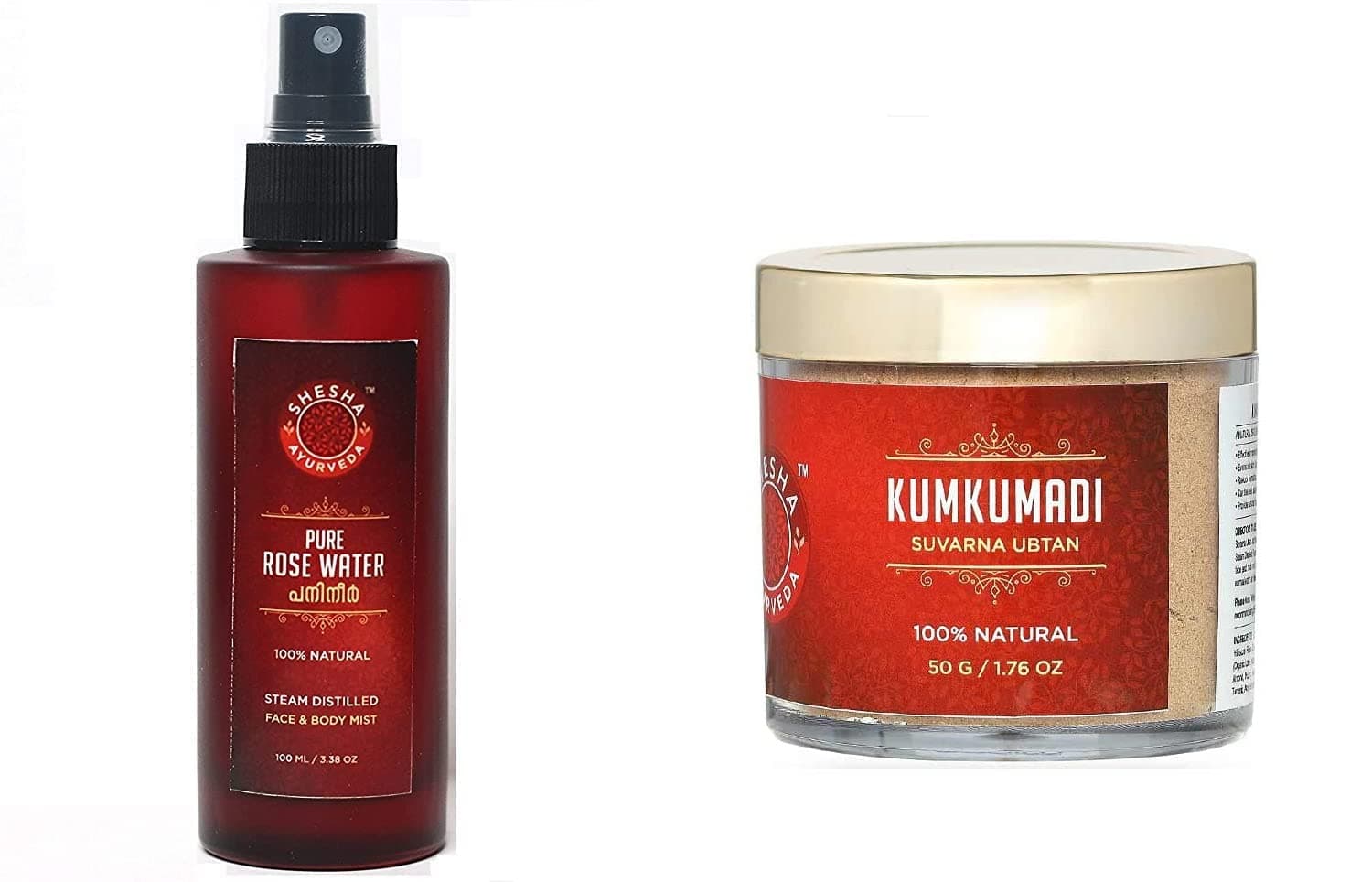 Shesha Ayurveda Pure Rose Water Steam Distilled -GLASS BOTTLE 100ml- 100% Natural -Gulab Jal (rose water + Kumkumadi Suvarna)