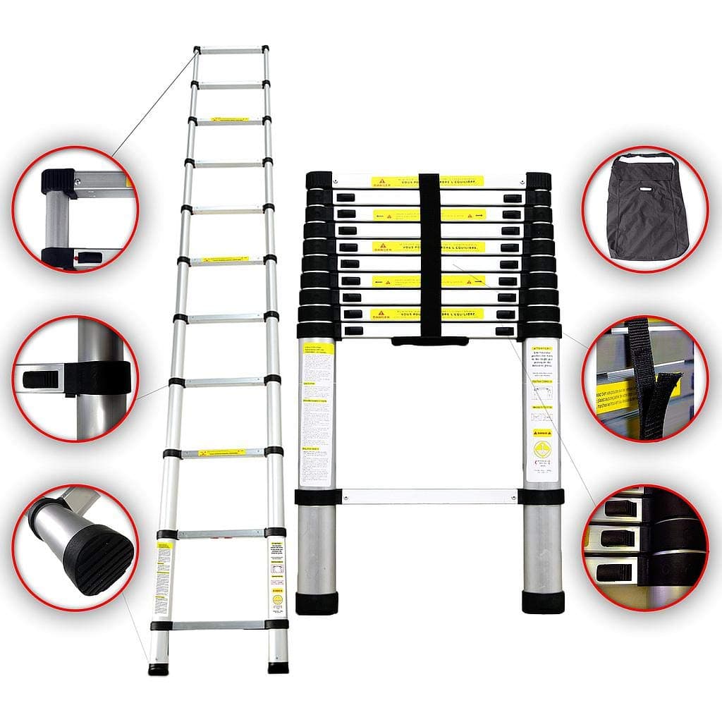 SOTECH - Foldable Ladder, Telescopic ladder, 3.2 meters (10.5 feet), FREE Carry bag, EN 131, Maximum load: 330 lbs, Standard/Certification: EN131