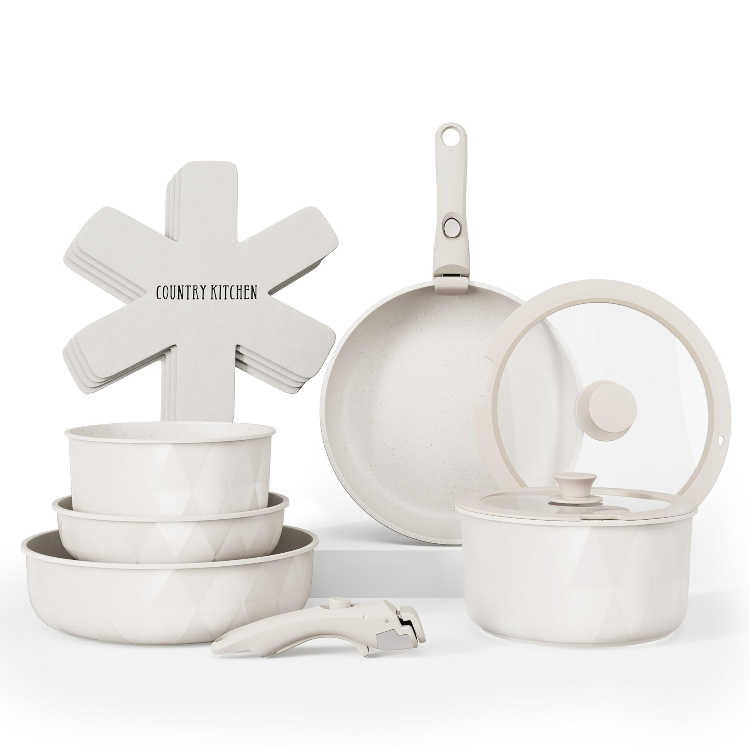 Country Kitchen Cookware Set with Removable Handle, Oven & RV Safe Pots and Pans Set, Cream Diamond, Original