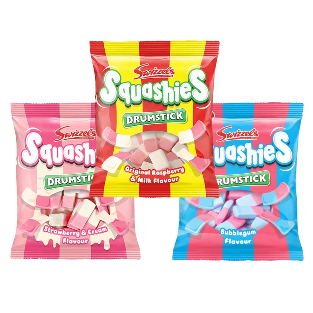 Squashie DrumStick Candies Variety Multipack - 3 Pack BUNDLE - (120g each) - IMPORTED FROM THE UK (Original, Bubblegum and Strawberry and Cream)