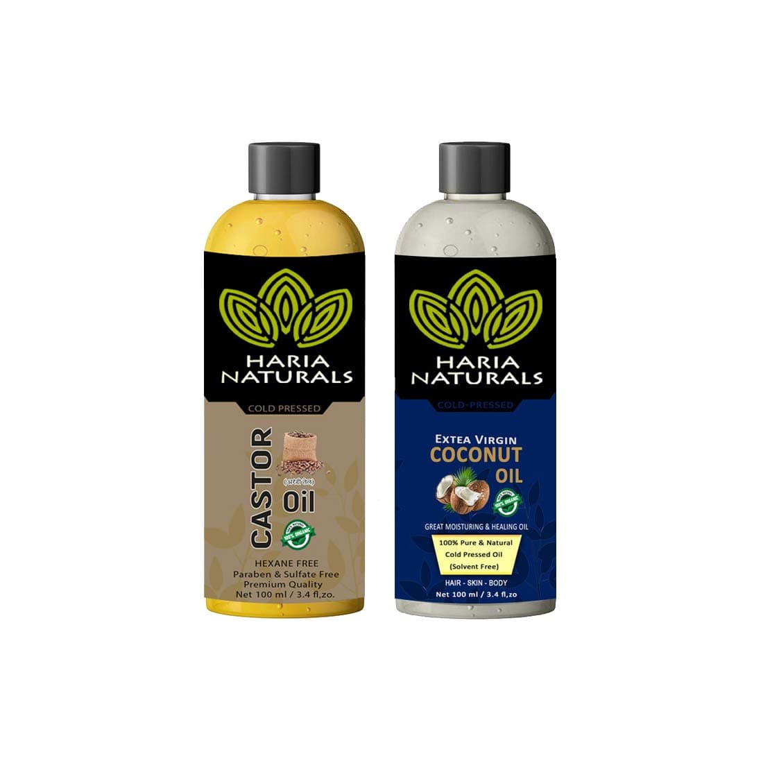 Haria Naturals100% Cold Pressed Castor OiI & Extra Virgin Coconut Oil 100 ml Hair Oil (Combo Pack of 2 Bottles) 200 ml