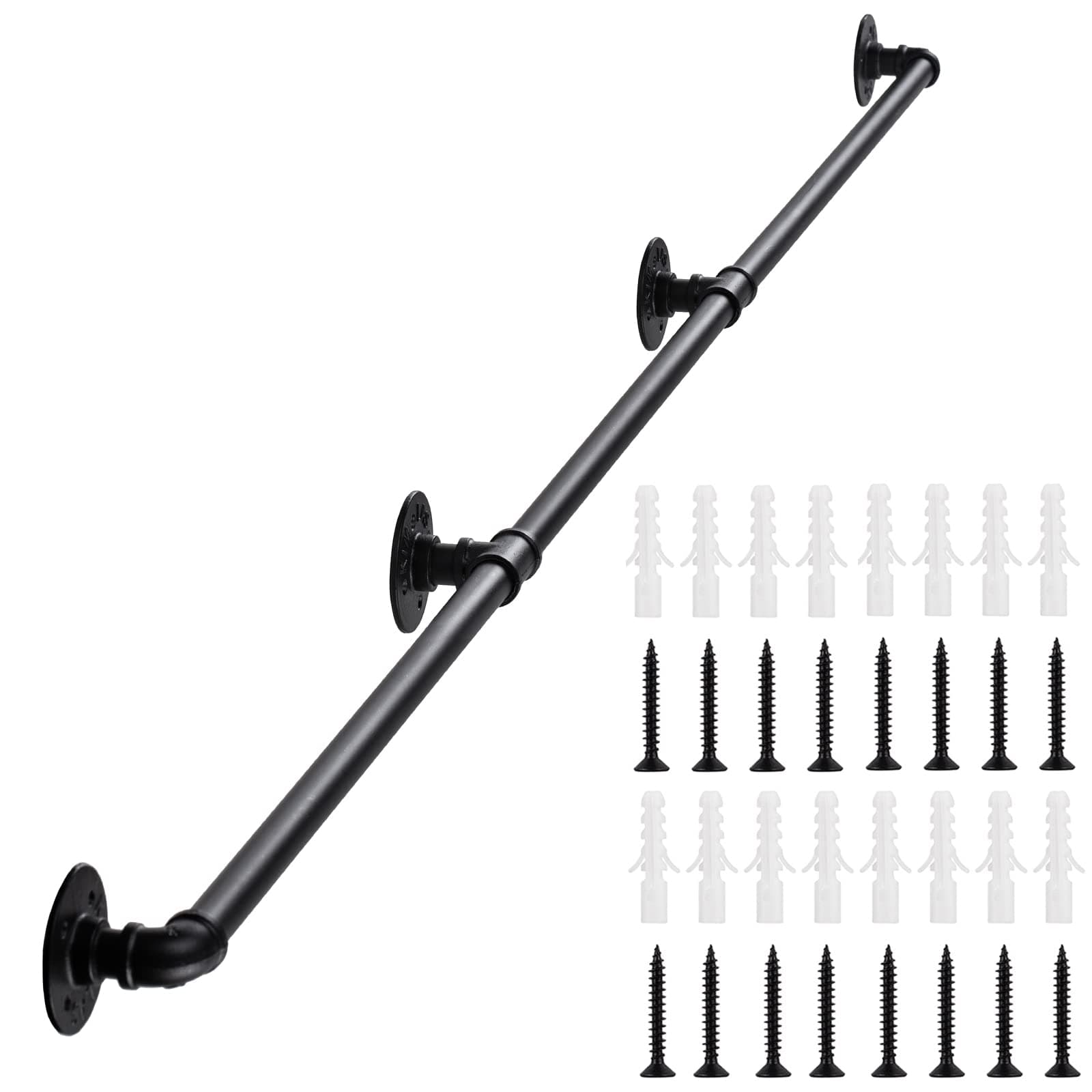 Senmit Handrail for Indoor Stairs - 10 Feet Wall Mount Industrial Iron Pipe - Metal Railing Non-Slip Grab Bar - Stairs Porch Deck Hand Rail Matte Black