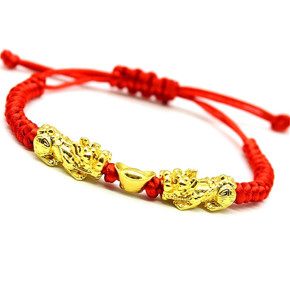 Feng Shui The Best Red String Bracelet with Double Pi Xiu/Pi Yao and Golden Wealth Ingots Bracelet Jewelry Attract Wealth and Good Luck