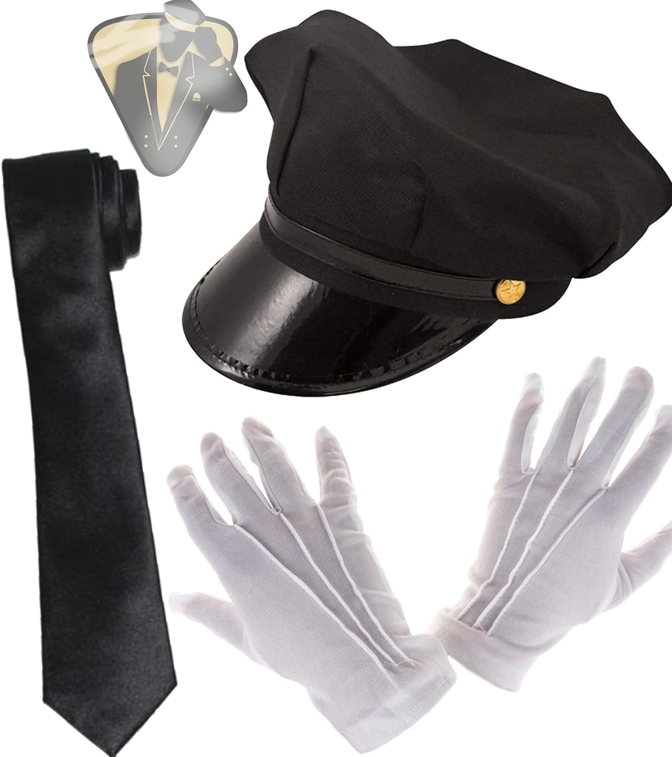 – Dreamzfit Chauffeur Cap & Accessories Kit | Unisex Adult Fancy Dress for Book Week, Driver Costume with White Gloves & Black Tie | Premium Taxi Limo Hat