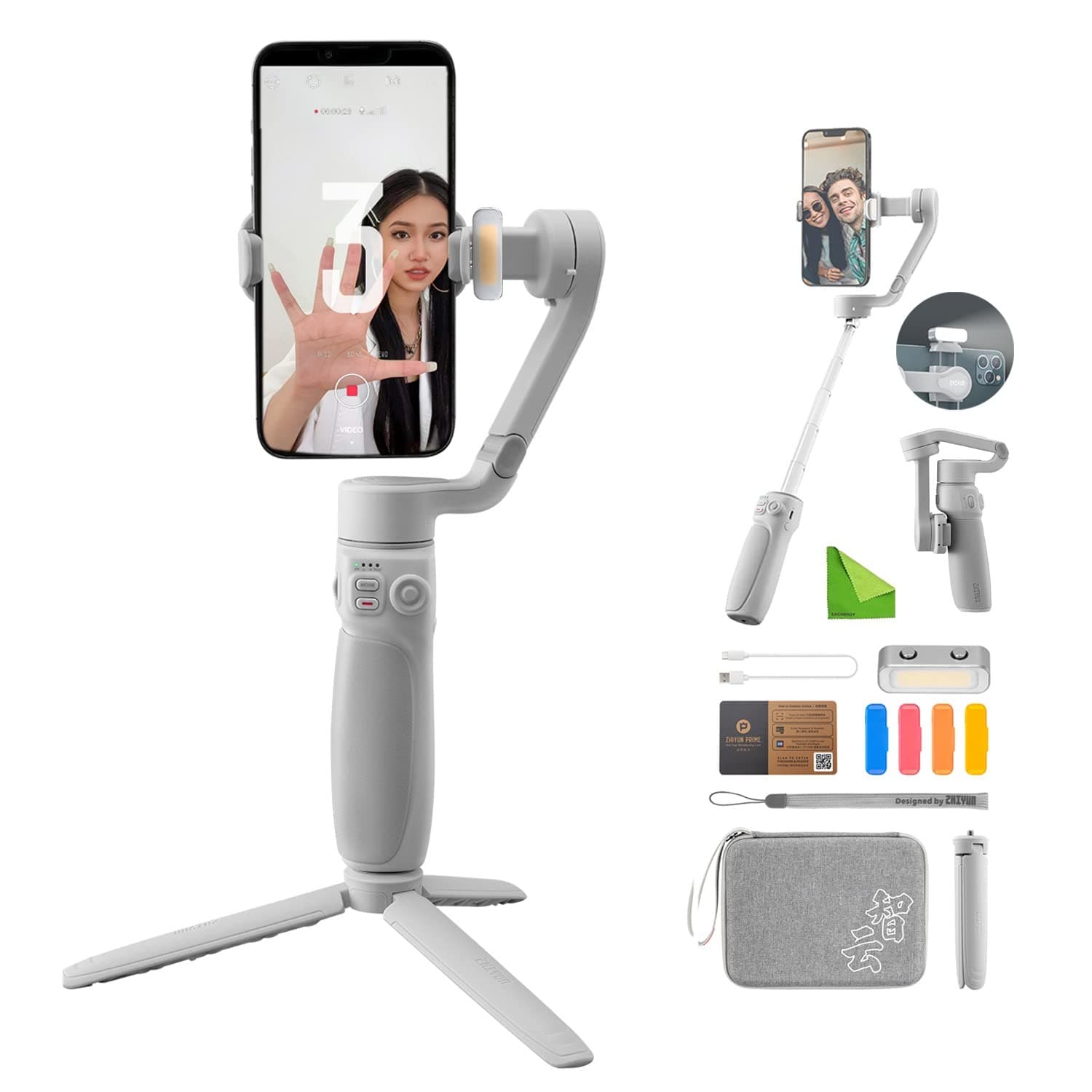 ZHIYUN zhi yun Smooth Q4 Combo Gimbal Stabilizer for iPhone Smartphone,3-Axis Phone Gimbal Built-In Selfie Stick with Megnetic Fill Light for Vlogging YouTube TikTok